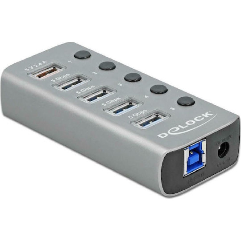 DeLock USB 3.2 Hub 5 Θυρών με σύνδεση USB-A & Θύρα Φόρτισης και Εξωτερική Παροχή Ρεύματος Γκρι