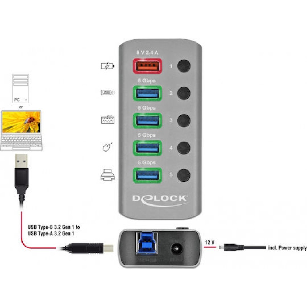 DeLock USB 3.2 Hub 5 Θυρών με σύνδεση USB-A & Θύρα Φόρτισης και Εξωτερική Παροχή Ρεύματος Γκρι