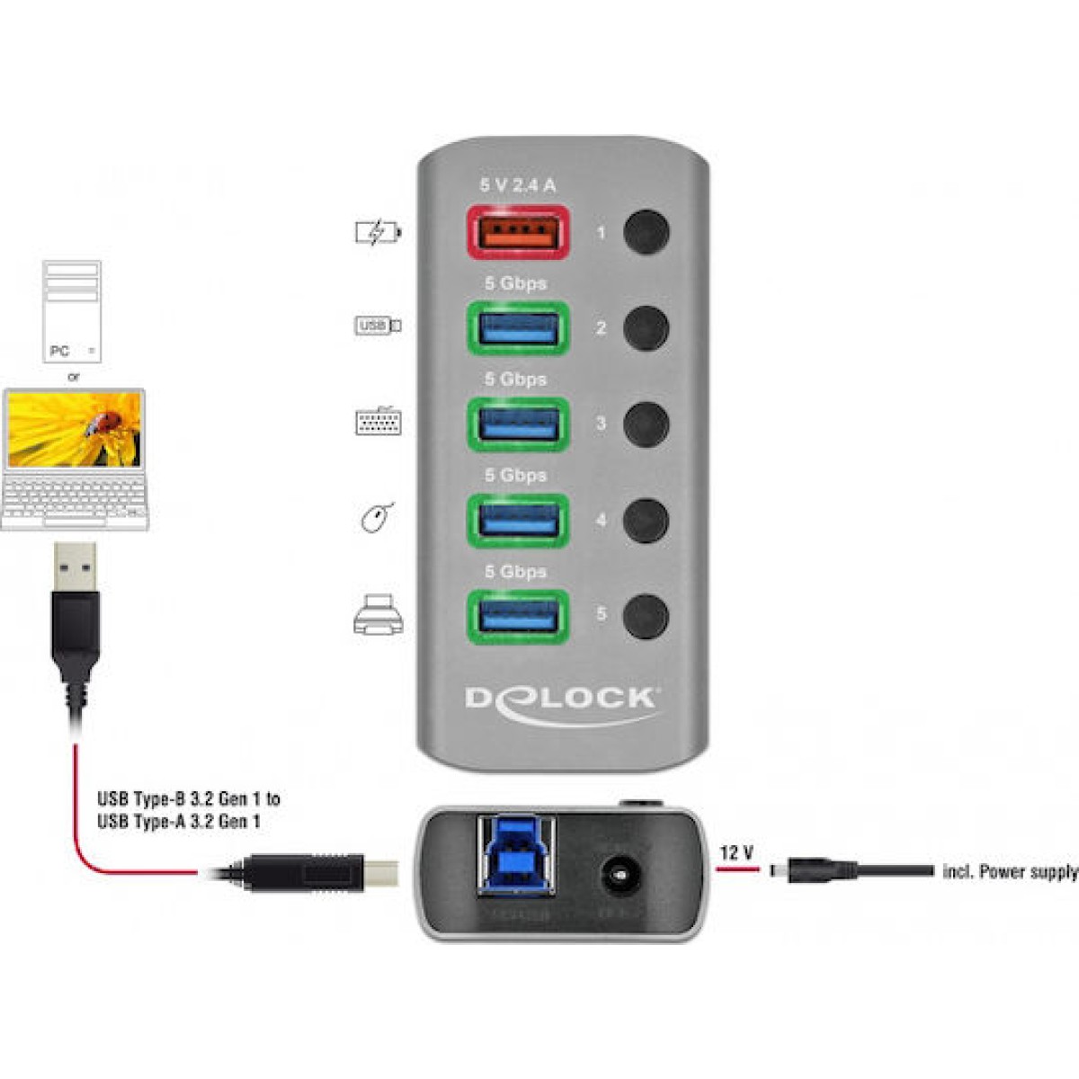 USB 3.2 Gen 1 Hub mit 4 Ports + 1 Schnellladeport (grau, mit Schalter und Beleuchtung)