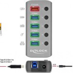 USB 3.2 Gen 1 Hub mit 4 Ports + 1 Schnellladeport (grau, mit Schalter und Beleuchtung)