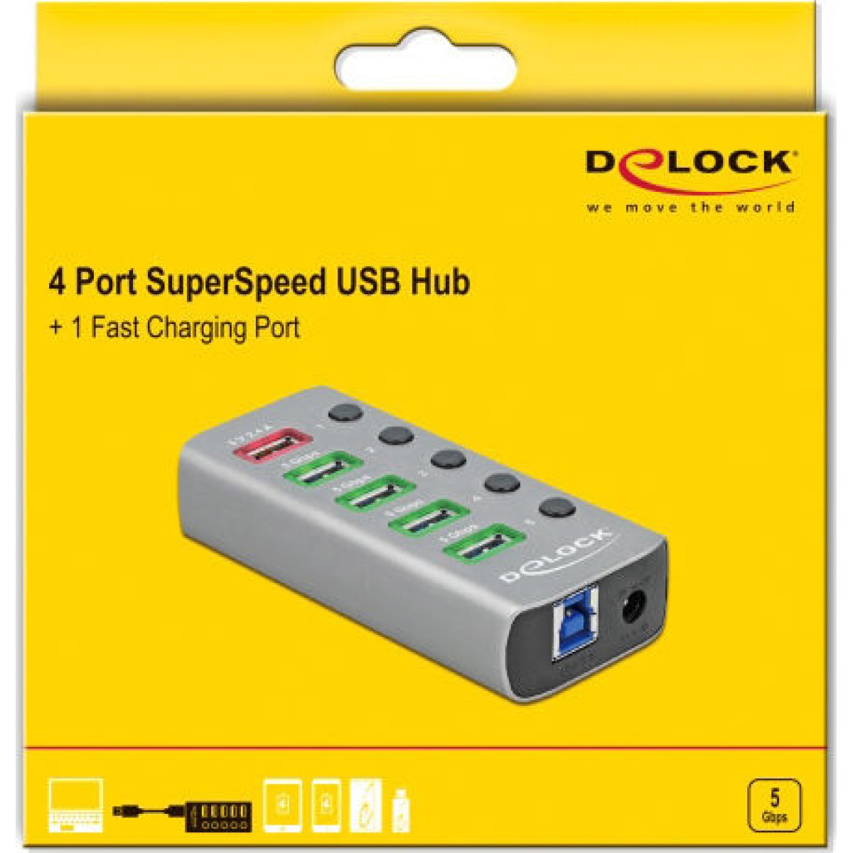 USB 3.2 Gen 1 Hub mit 4 Ports + 1 Schnellladeport (grau, mit Schalter und Beleuchtung)