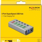 USB 3.2 Gen 1 Hub mit 4 Ports + 1 Schnellladeport (grau, mit Schalter und Beleuchtung)