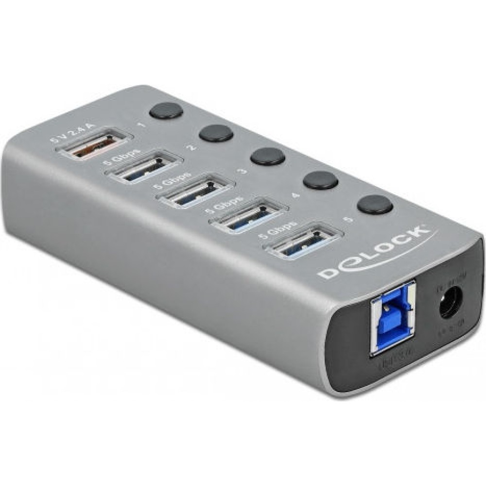DeLock USB 3.2 Hub 6 Θυρών με σύνδεση USB-A & Θύρα Φόρτισης και Εξωτερική Παροχή Ρεύματος Γκρι