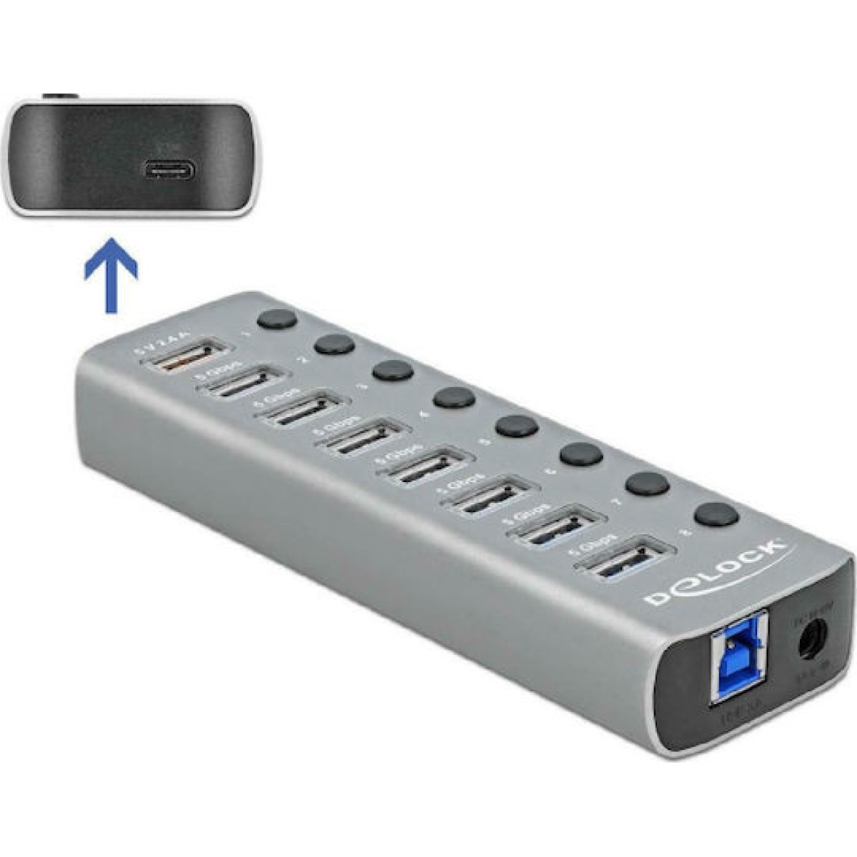 DeLock USB 3.2 Hub 9 Θυρών με σύνδεση USB-A & Θύρα Φόρτισης και Εξωτερική Παροχή Ρεύματος Γκρι