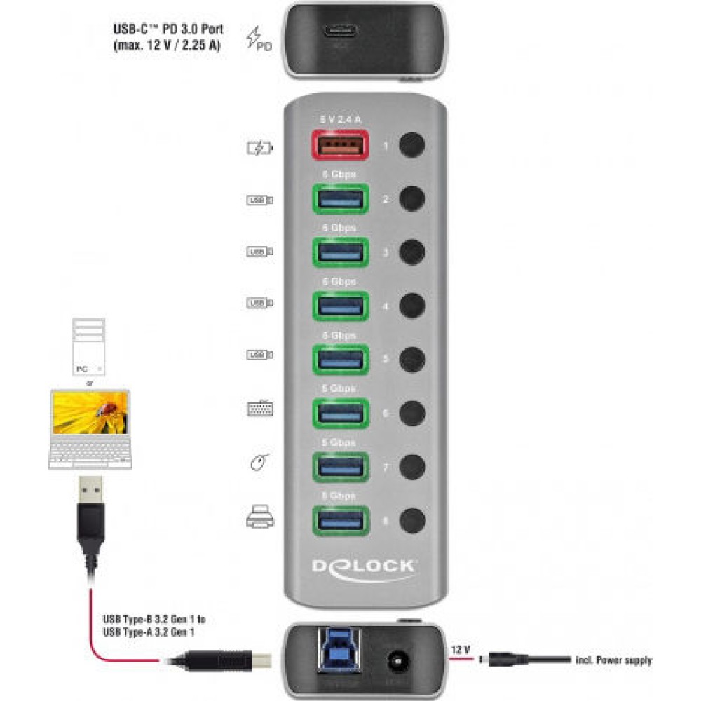 DeLock USB 3.2 Hub 9 Θυρών με σύνδεση USB-A & Θύρα Φόρτισης και Εξωτερική Παροχή Ρεύματος Γκρι