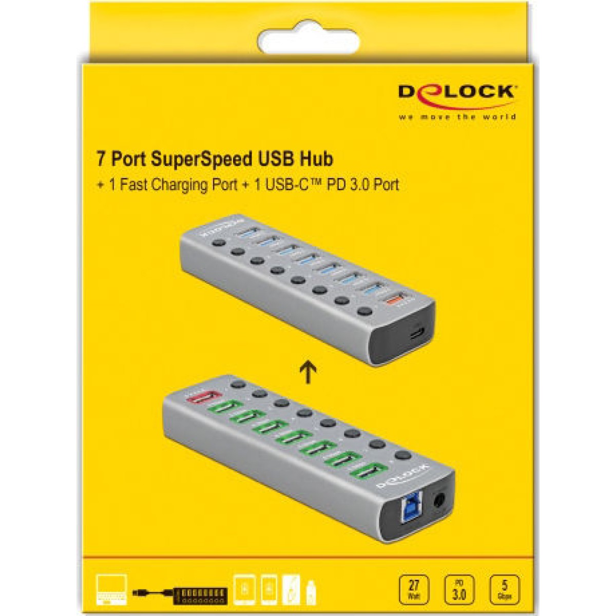 DeLock USB 3.2 Hub 9 Θυρών με σύνδεση USB-A & Θύρα Φόρτισης και Εξωτερική Παροχή Ρεύματος Γκρι