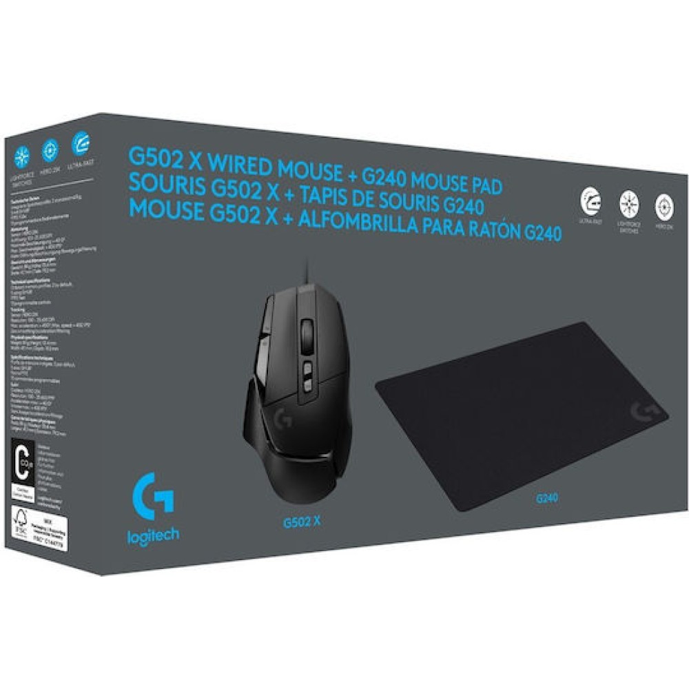 Logitech G502 X Gaming Ποντίκι 25600 DPI & G240 Mouse Pad Μαύρο