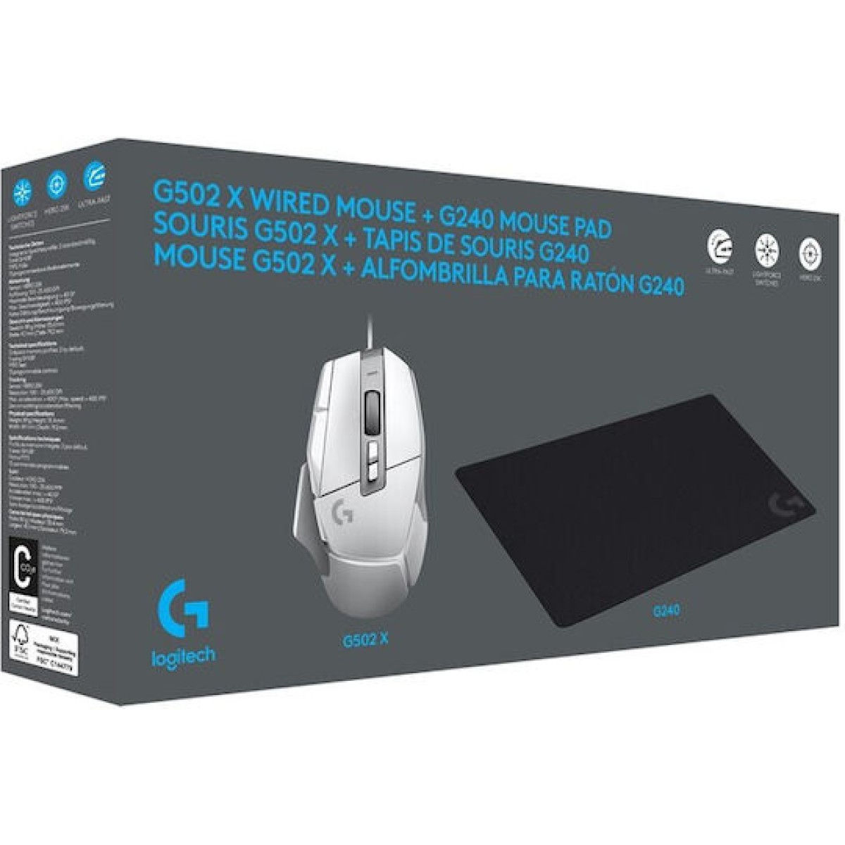 Logitech G502 X Gaming Ποντίκι 25600 DPI & G240 Mouse Pad Λευκό