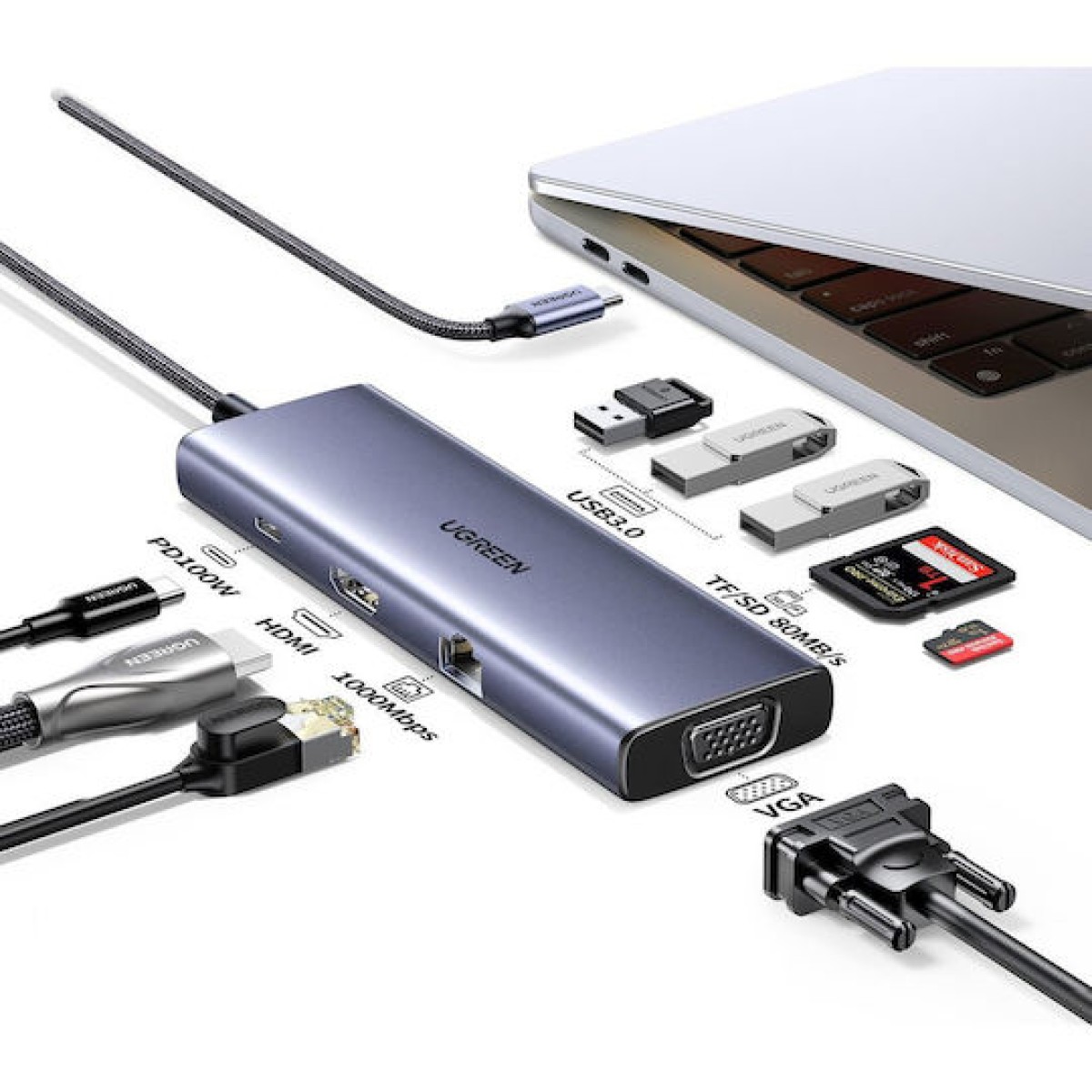 Ugreen CM498 USB-C Docking Station με HDMI 4K PD Ethernet και σύνδεση 2 Οθονών Μπλε