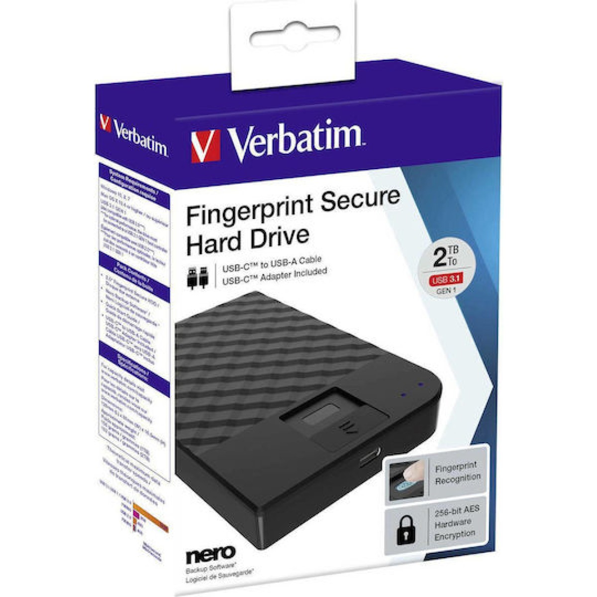 Verbatim Fingerprint Secure USB 3.1 / USB-C Εξωτερικός HDD 2TB 2.5