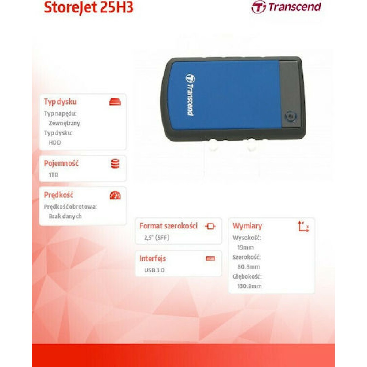 Transcend StoreJet 25H3 USB 3.0 Εξωτερικός HDD 1TB 2.5