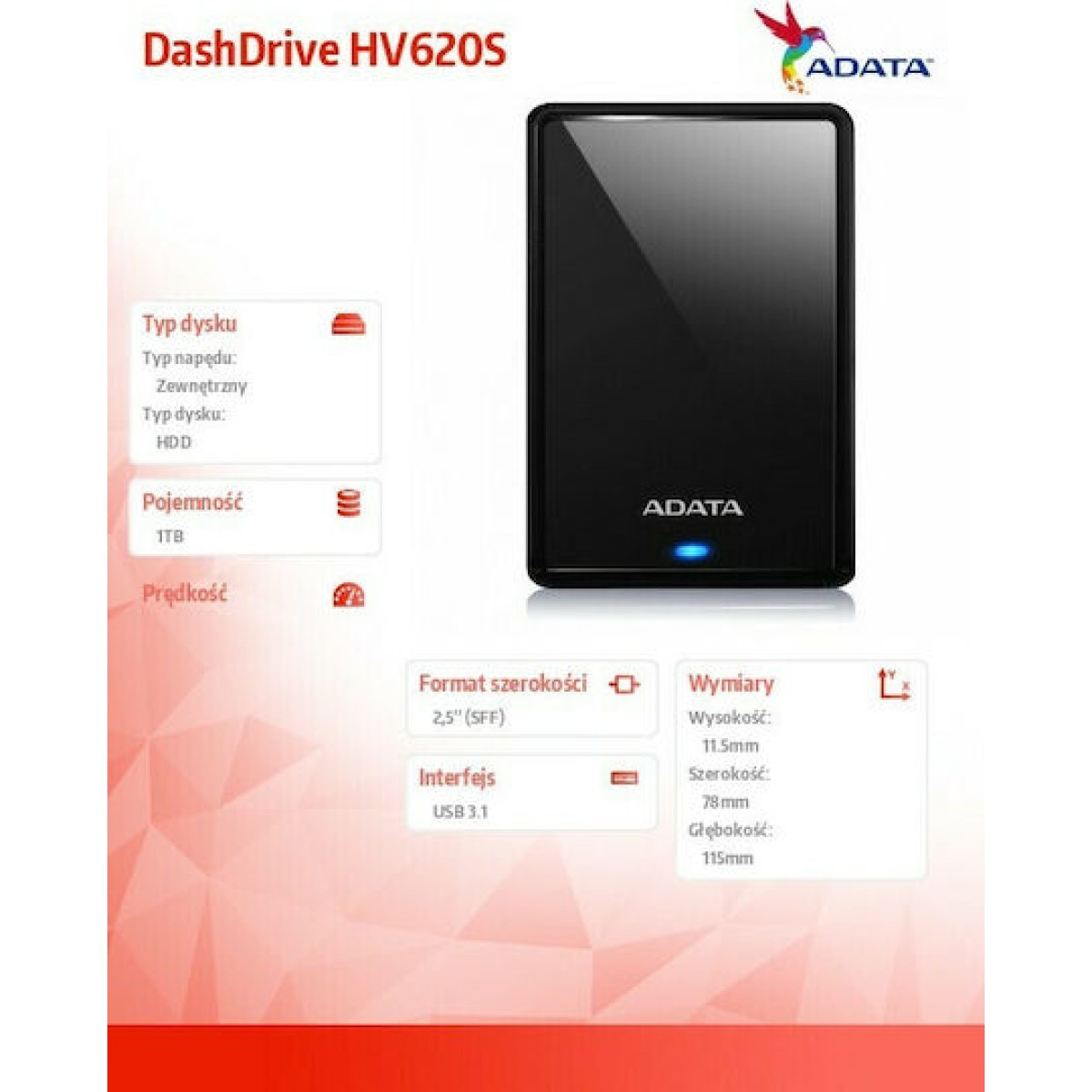 Adata HV620S USB 3.0 Εξωτερικός HDD 1TB 2.5