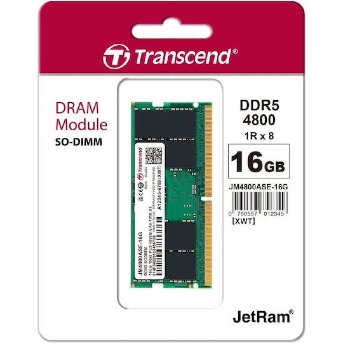 Transcend DDR5 με Module 1x16GB και Ταχύτητα 4800 για Laptop