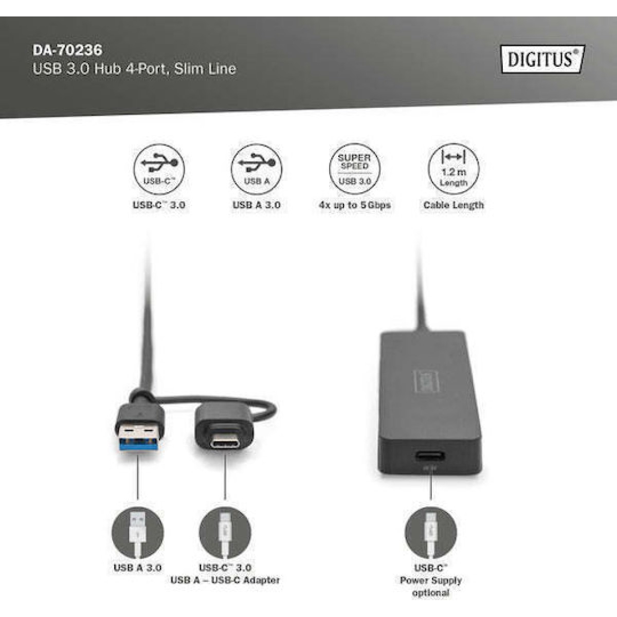 Digitus USB 3.0 Hub 5 Θυρών με σύνδεση USB-A / USB-C