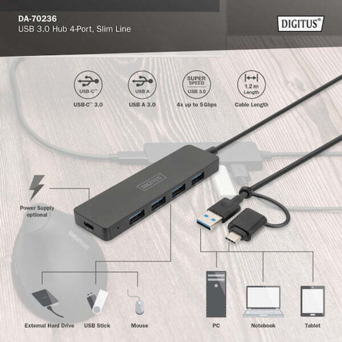 Digitus USB 3.0 Hub 5 Θυρών με σύνδεση USB-A / USB-C