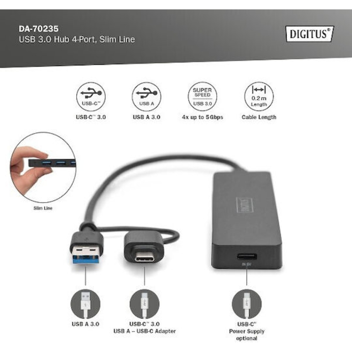 Digitus USB 3.0 Hub 5 Θυρών με σύνδεση USB-A / USB-C