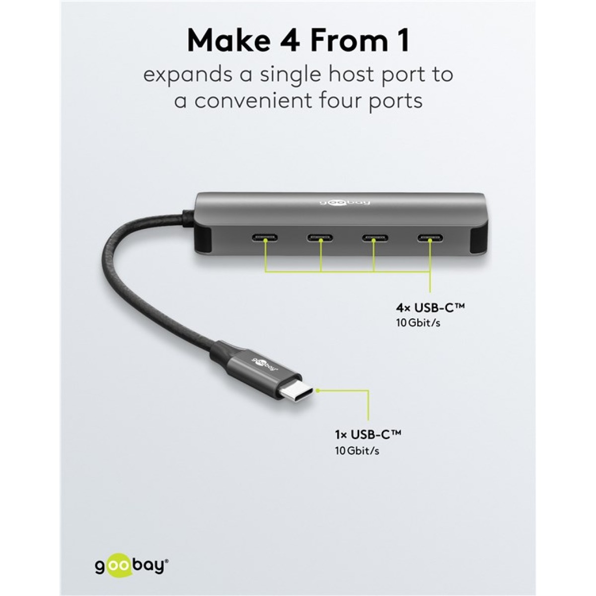 GOOBAY USB hub 76565, 4x θυρών, USB 3.2, 10Gbps, USB-C σύνδεση, γκρι