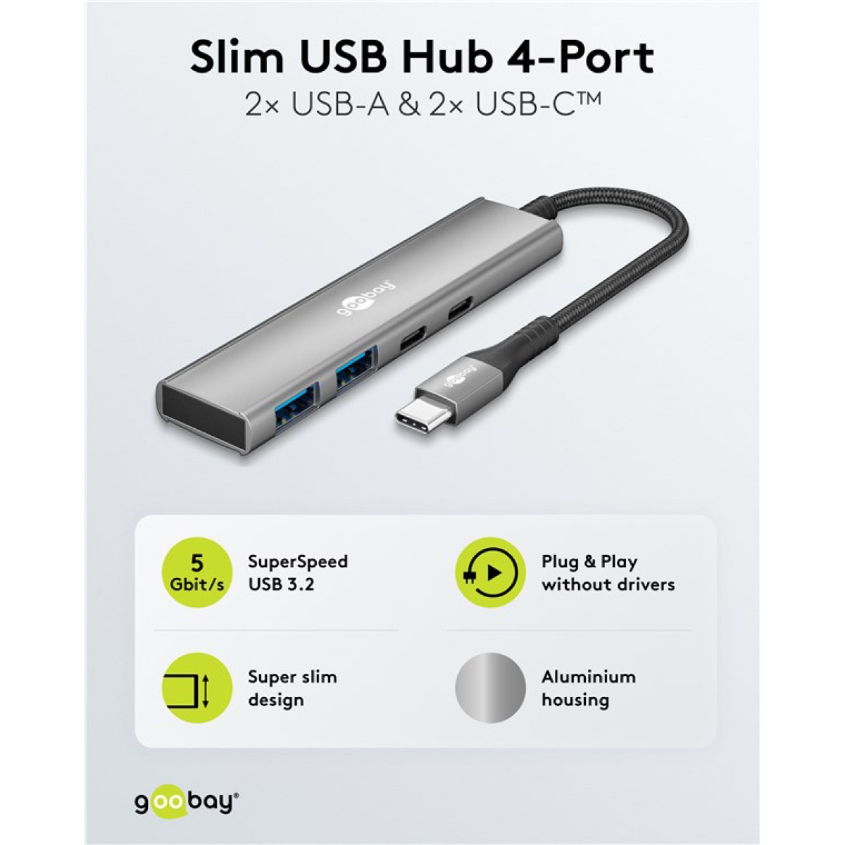 GOOBAY USB hub 76563, 4x θυρών, USB 3.2, 5Gbps, USB-C σύνδεση, γκρι