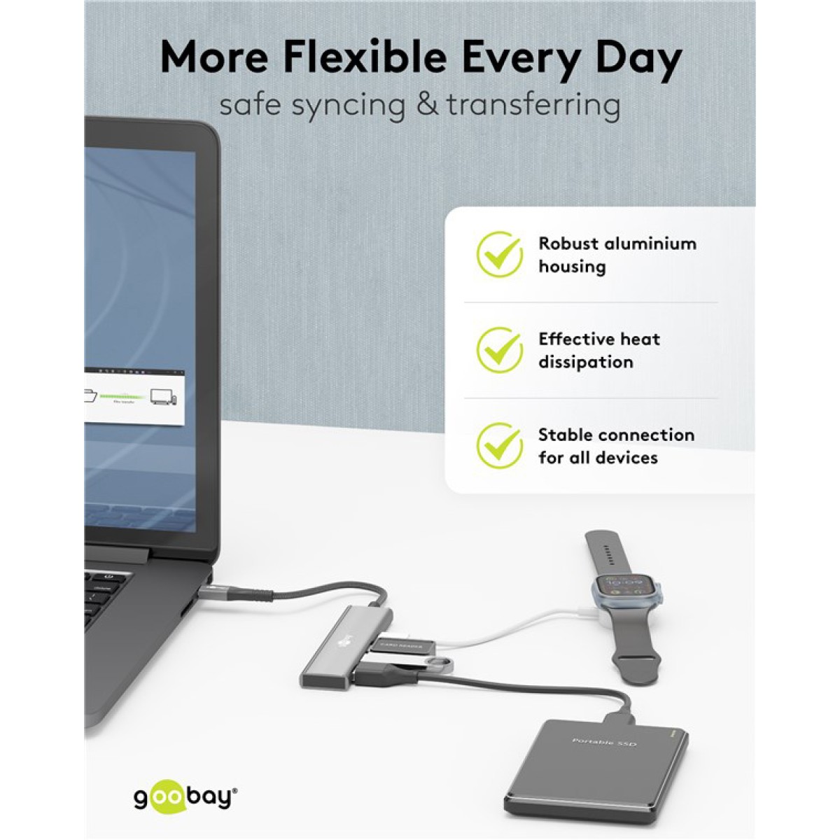 GOOBAY USB hub 76563, 4x θυρών, USB 3.2, 5Gbps, USB-C σύνδεση, γκρι