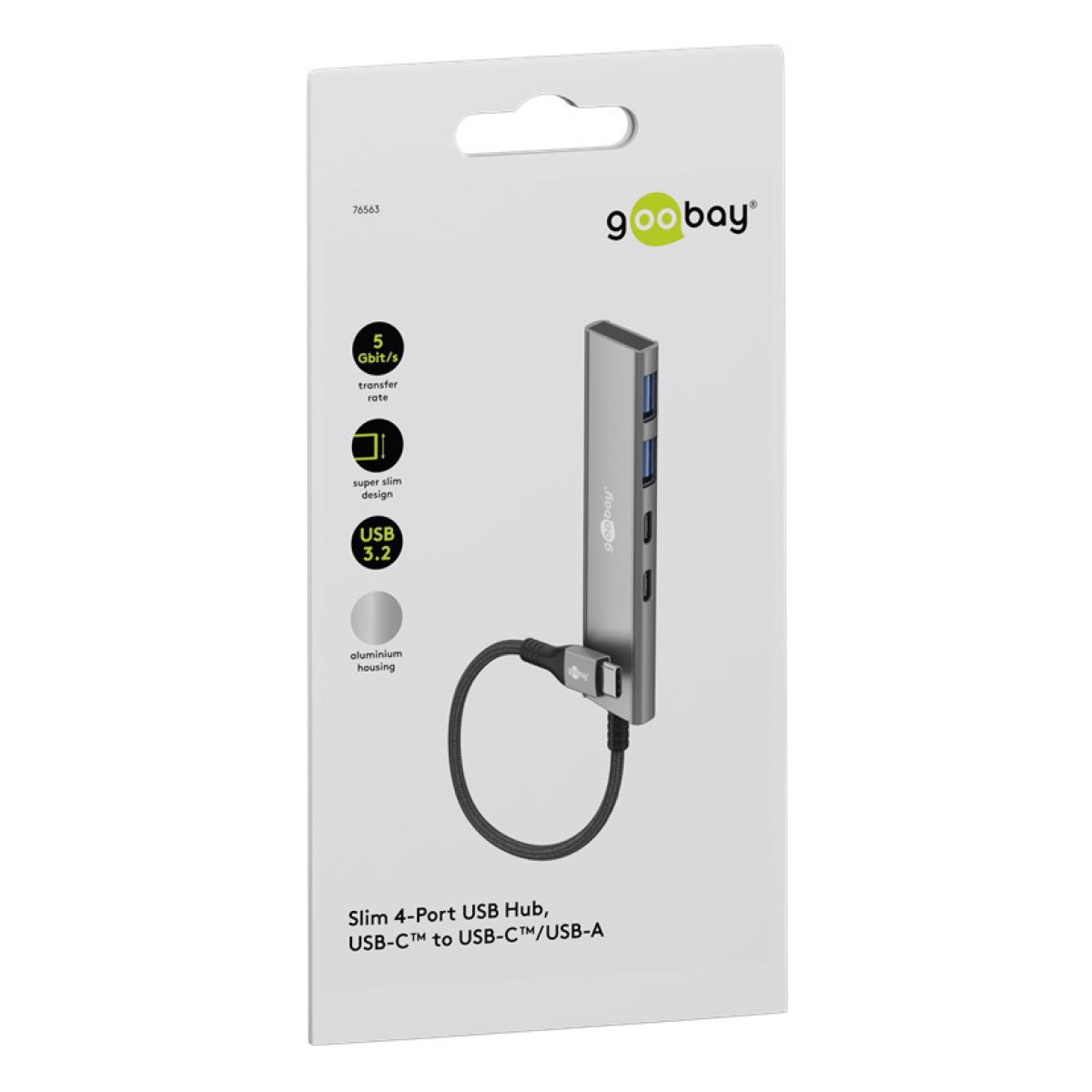 GOOBAY USB hub 76563, 4x θυρών, USB 3.2, 5Gbps, USB-C σύνδεση, γκρι