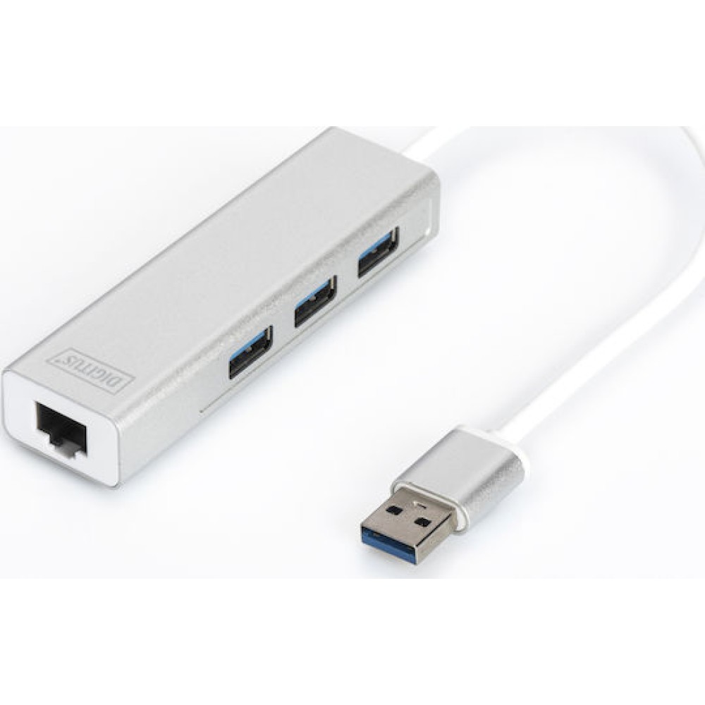 Digitus USB 3.0 Hub 3 Θυρών με σύνδεση USB-A / Ethernet Ασημί