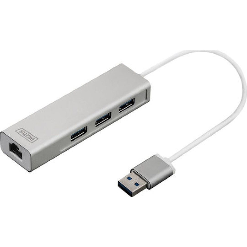 Digitus USB 3.0 Hub 3 Θυρών με σύνδεση USB-A / Ethernet Ασημί