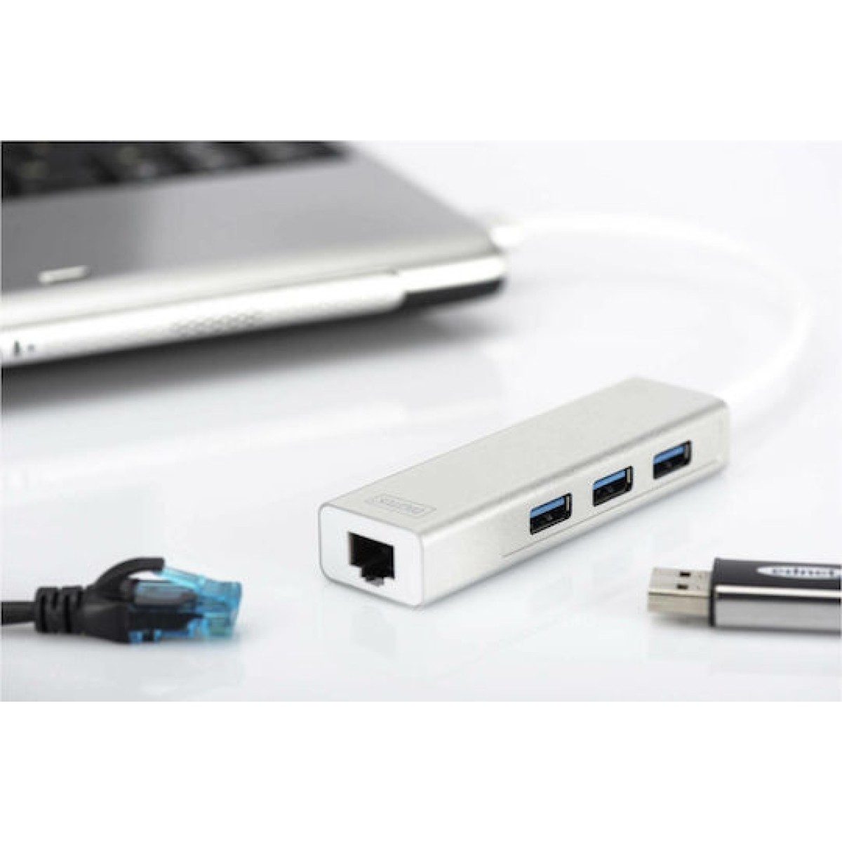 Digitus USB 3.0 Hub 3 Θυρών με σύνδεση USB-A / Ethernet Ασημί