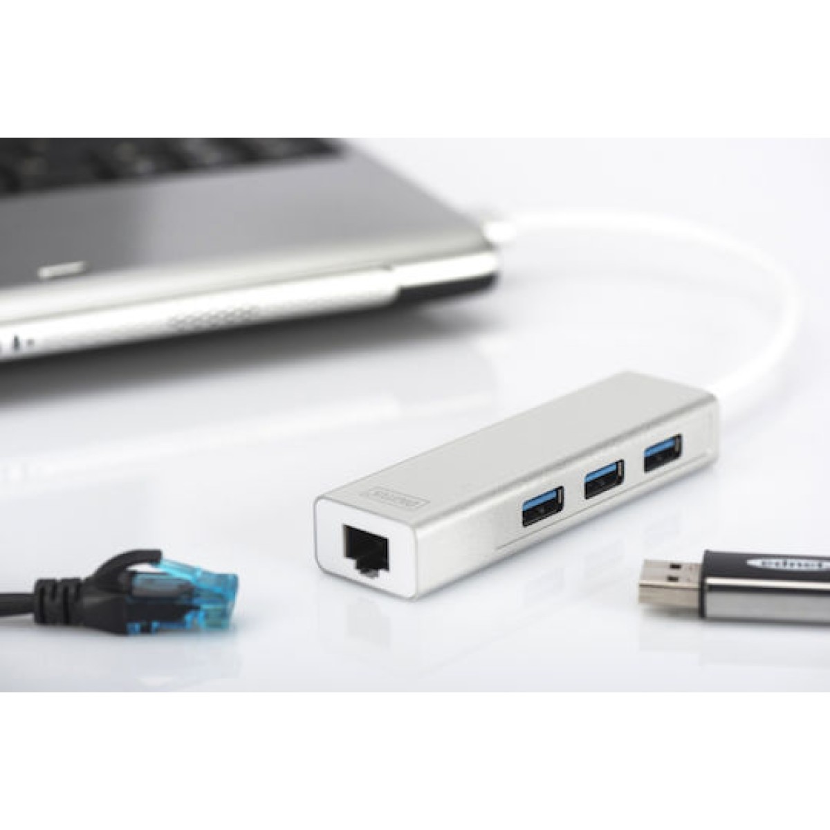 Digitus USB 3.0 Hub 3 Θυρών με σύνδεση USB-A / Ethernet Ασημί