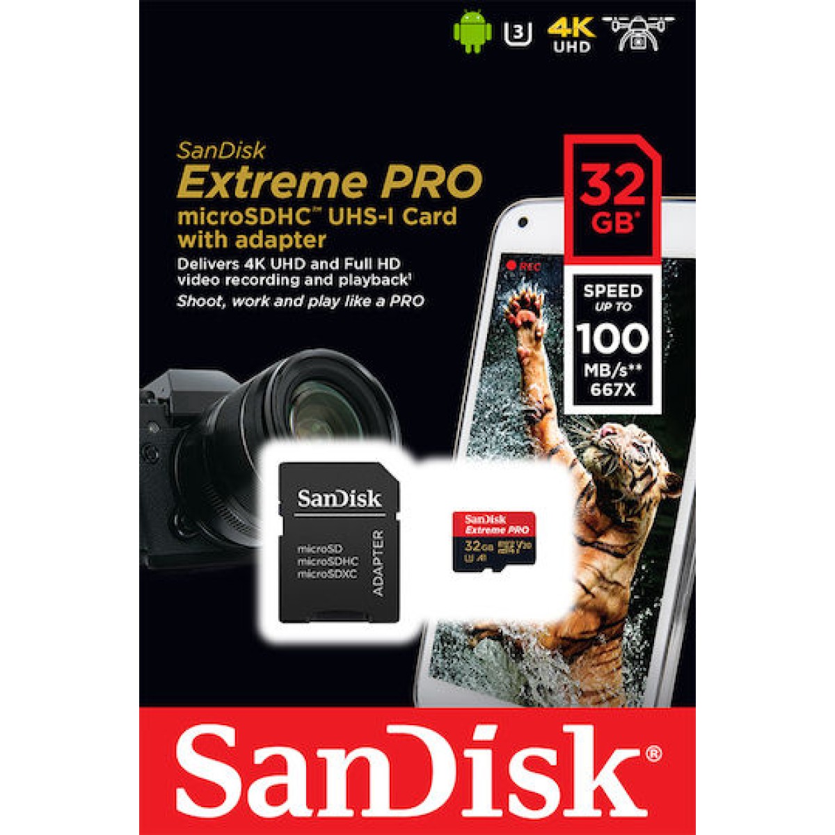 Sandisk Extreme Pro microSDHC 32GB Class 10 U3 V30 A1 UHS-I με αντάπτορα