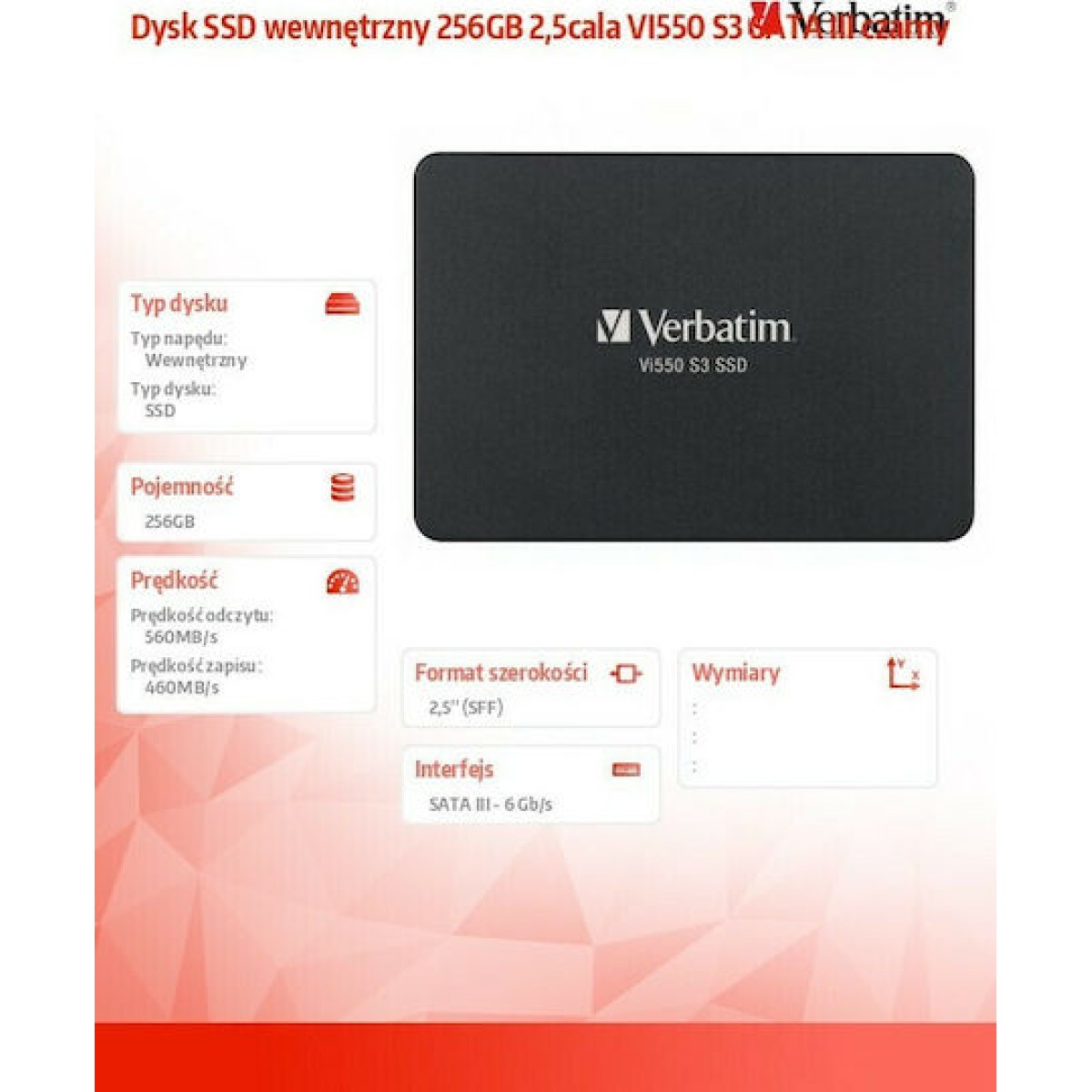 Verbatim Vi550 S3 SSD 256GB 2.5'' SATA III