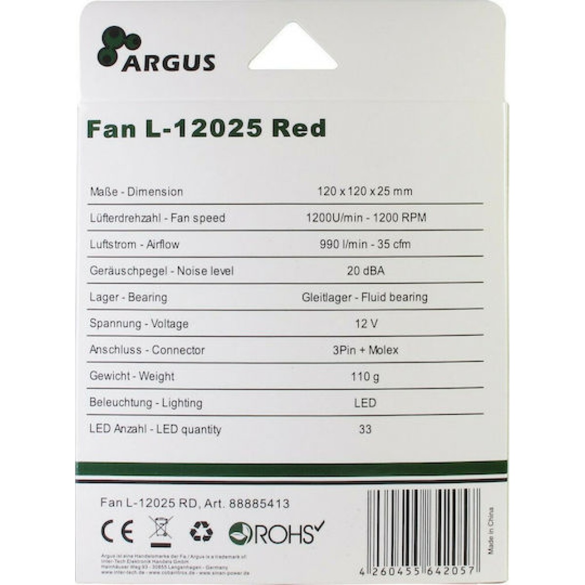 Inter-Tech L-12025 Case Fan με Κόκκινο Φωτισμό και Σύνδεση 3-Pin / 4-Pin Molex