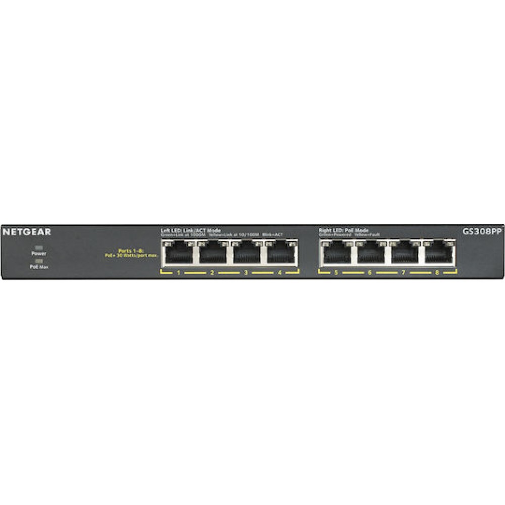NetGear GS308PP Unmanaged L2 PoE+ Switch με 8 Θύρες Gigabit (1Gbps) Ethernet