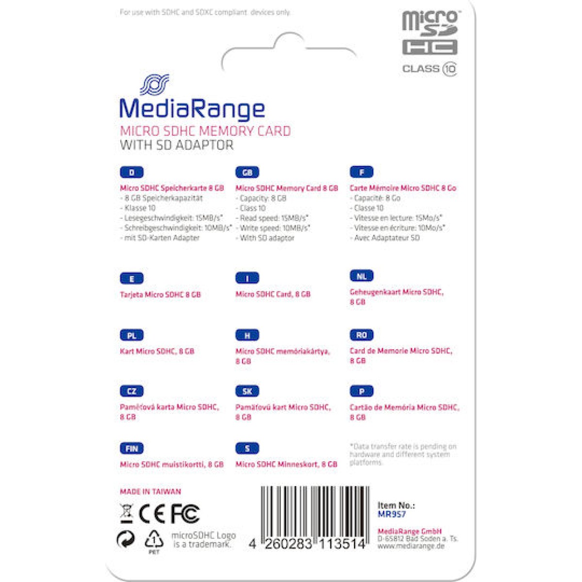 MediaRange microSDHC 8GB Class 10 High Speed με αντάπτορα