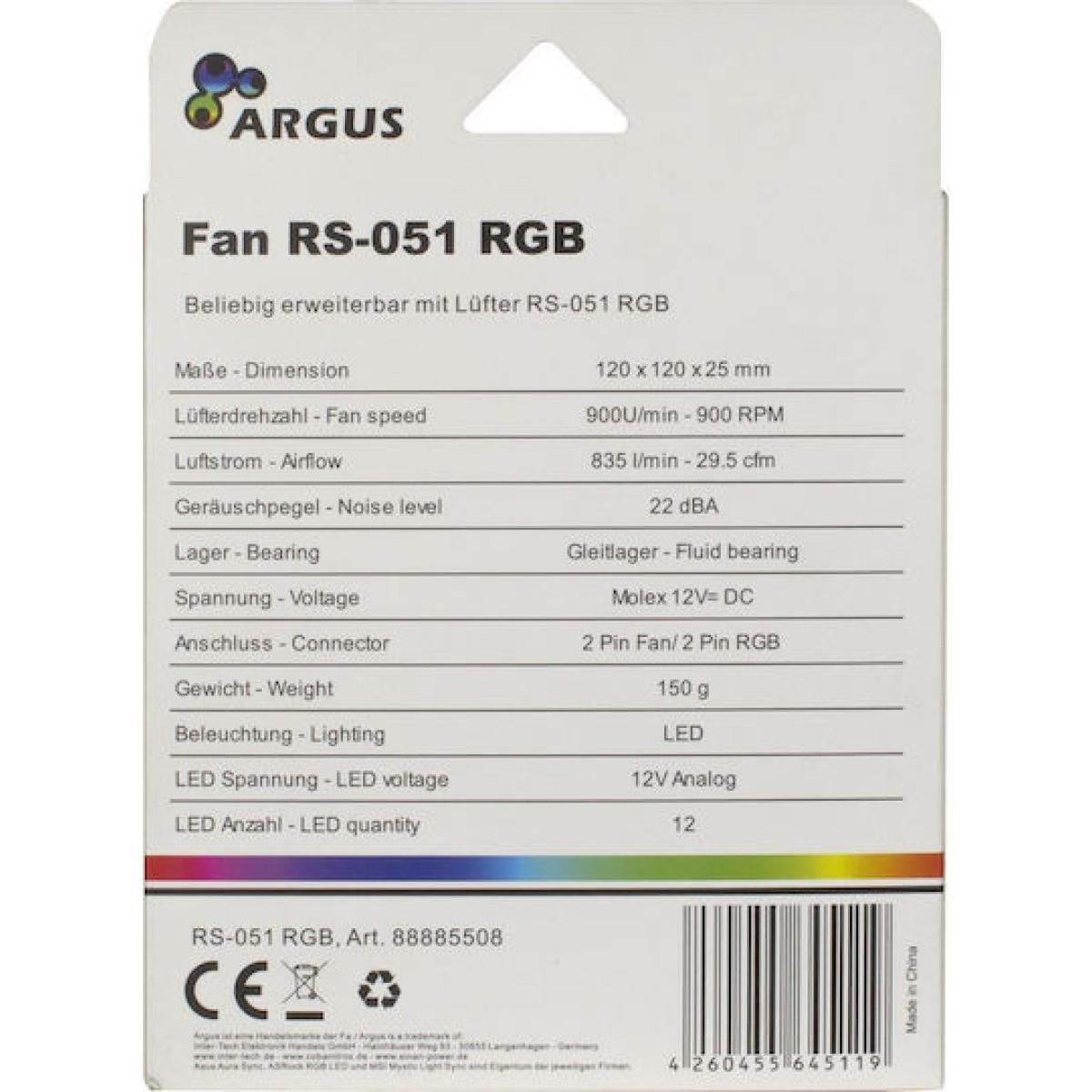 Argus RS-051 RGB Case Fan 120mm με Σύνδεση 4-Pin PWM
