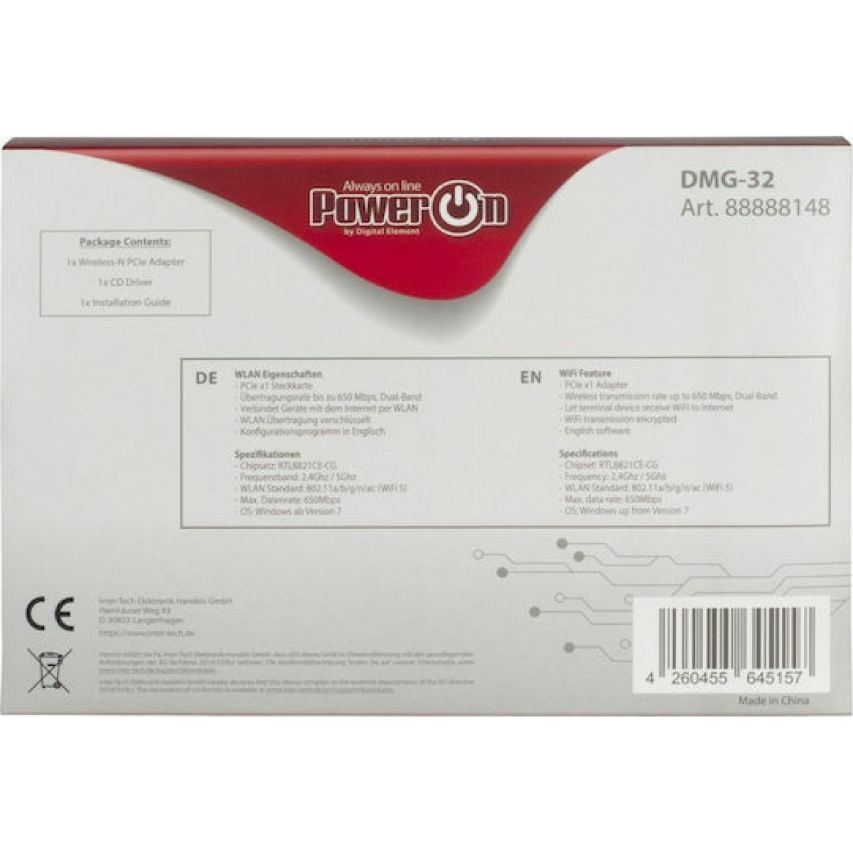 Inter-Tech DMG-32 Ασύρματη Κάρτα Δικτύου Wi‑Fi 5 (650Mbps) PCI-e