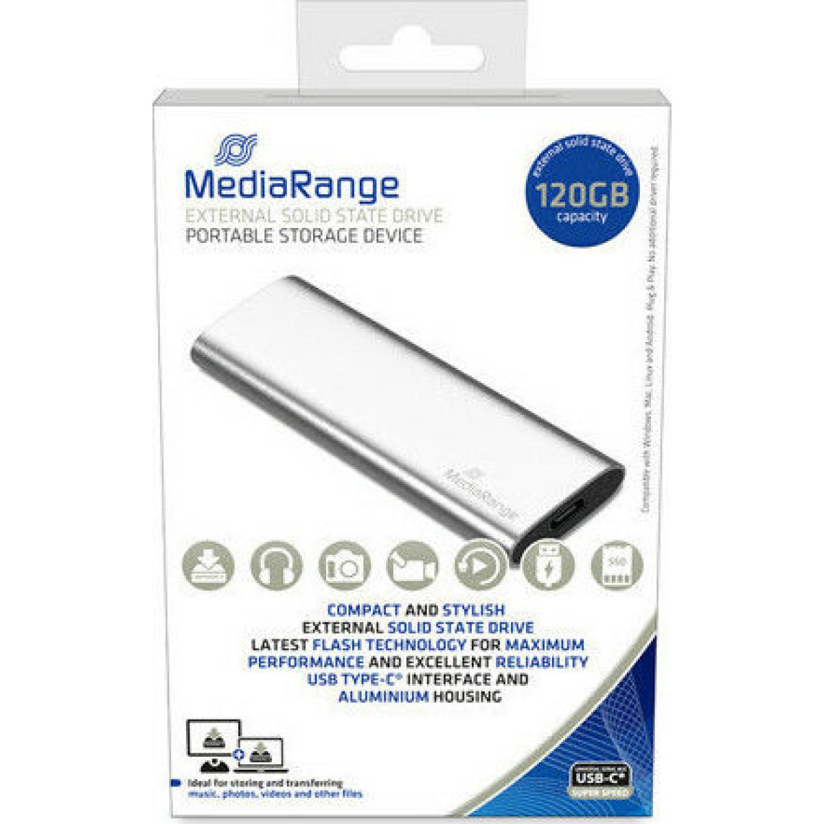 MediaRange USB 3.2 / USB-C Εξωτερικός SSD 120GB M.2 Ασημί