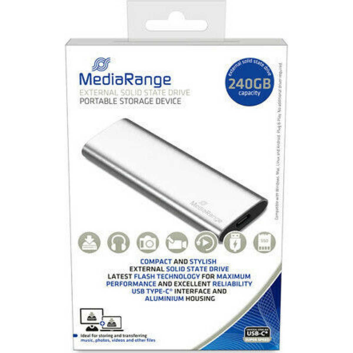 MediaRange USB 3.2 / USB-C Εξωτερικός SSD 240GB M.2 Ασημί