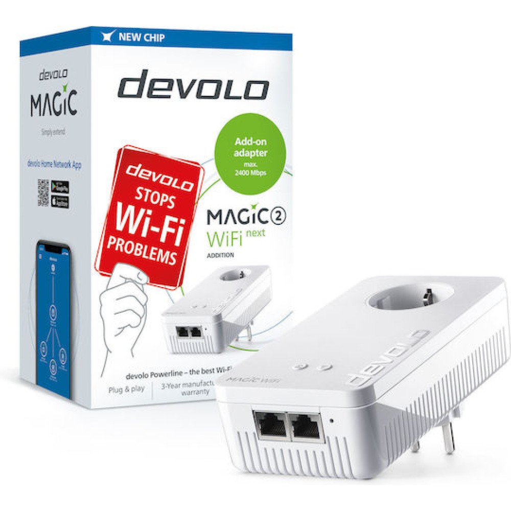 Devolo Magic 2 WiFi next Powerline για Ασύρματη Σύνδεση Wi‑Fi 5 με Passthrough Πρίζα και 2 Θύρες Gigabit Ethernet