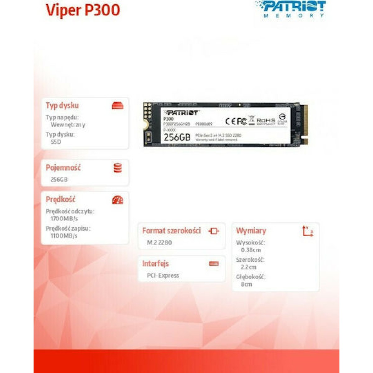 Patriot P300 SSD 256GB M.2 NVMe PCI Express 3.0