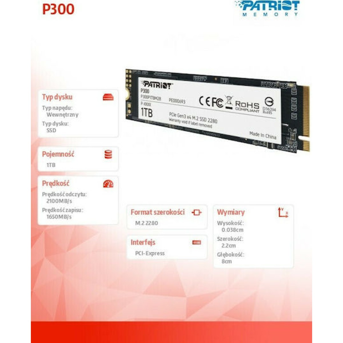 Patriot P300 SSD 1TB M.2 NVMe PCI Express 3.0