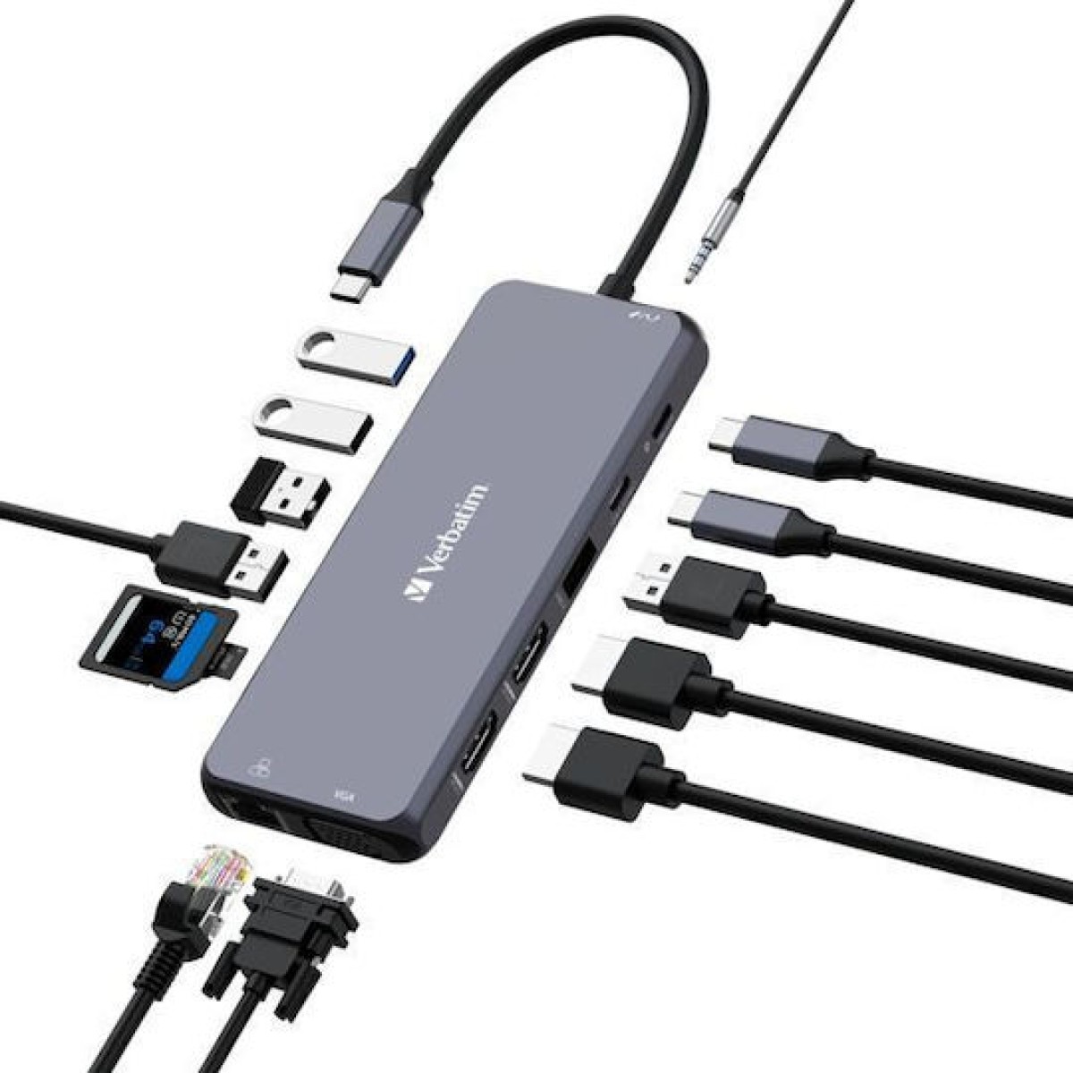 Verbatim USB-C Pro CMH-14 USB-C Docking Station με HDMI 4K PD Ethernet και σύνδεση 3 Οθονών Γκρι
