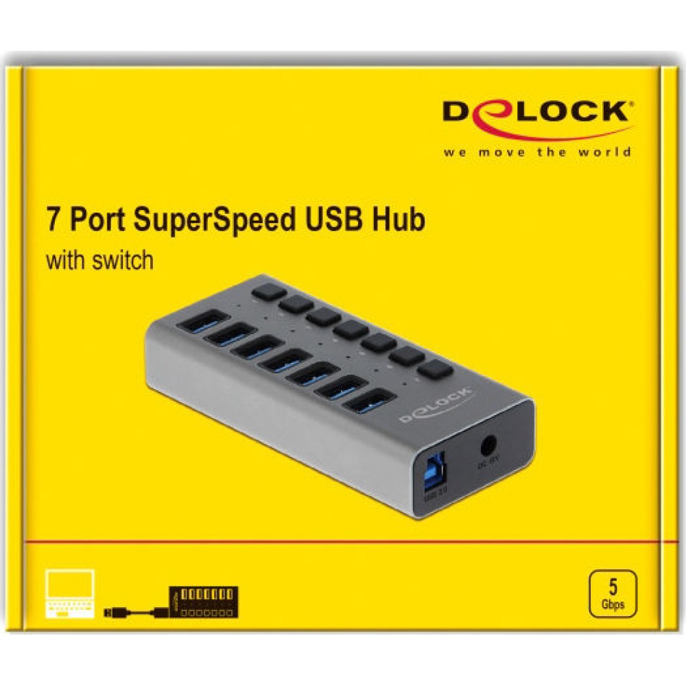 DeLock USB 3.0 Hub 7 Θυρών με σύνδεση USB-A & Θύρα Φόρτισης και Εξωτερική Παροχή Ρεύματος
