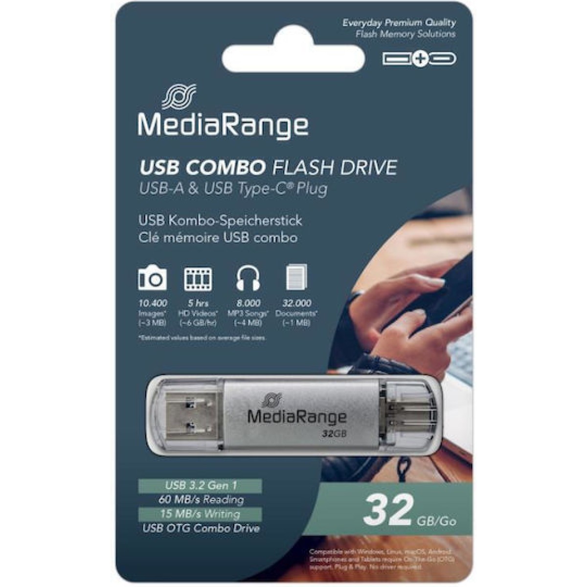 MediaRange 32GB USB 3.0 Stick με σύνδεση USB-A & USB-C Γκρι