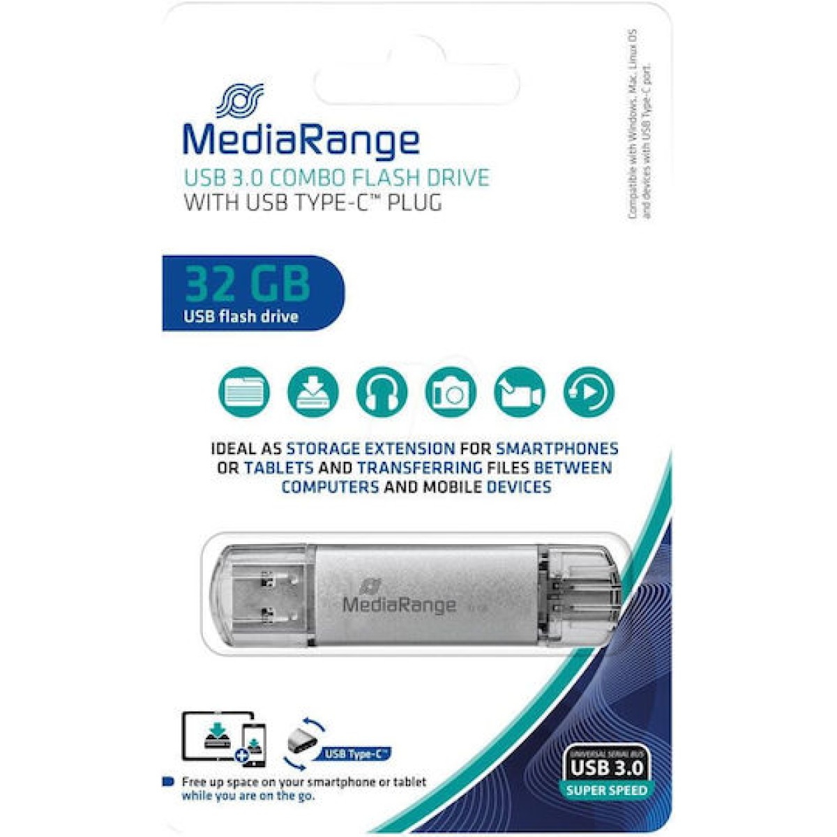 MediaRange 32GB USB 3.0 Stick με σύνδεση USB-A & USB-C Γκρι