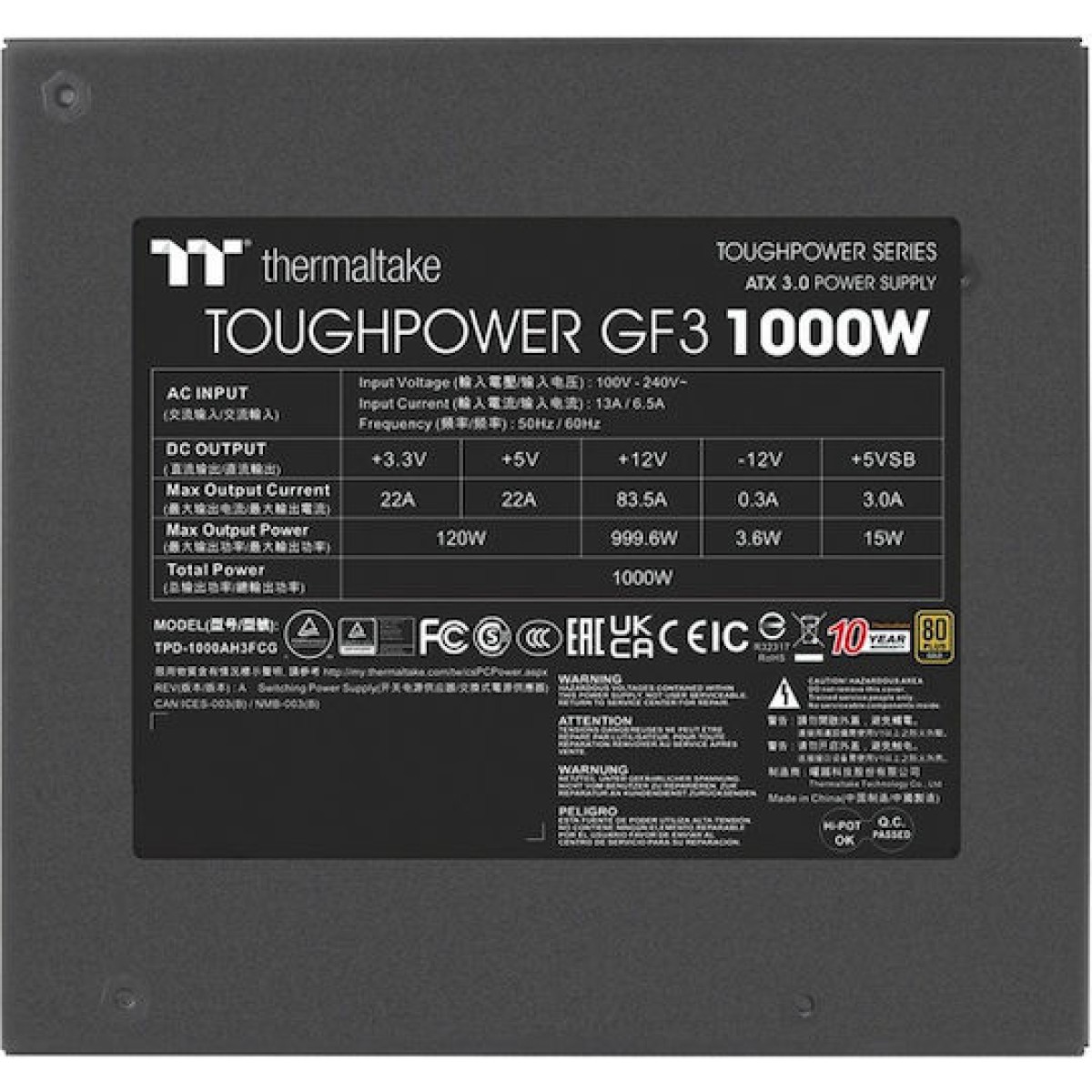 Thermaltake ToughPower GF3 1000W Μαύρο Τροφοδοτικό Υπολογιστή Full Modular 80 Plus Gold