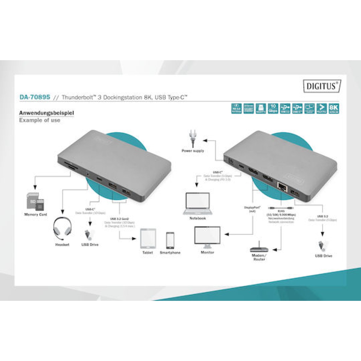 Digitus Thunderbolt 3 Docking Station με DisplayPort 4K PD Ethernet και συνδεση 2 Οθονών Γκρι (DA-70895)