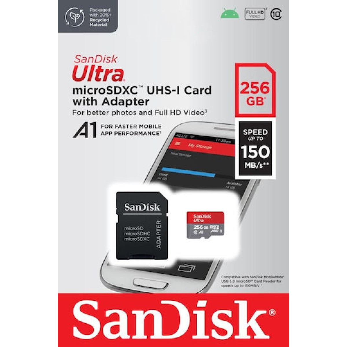 Sandisk Ultra microSDXC 256GB Class 10 U1 A1 UHS-I με αντάπτορα 150MB/s
