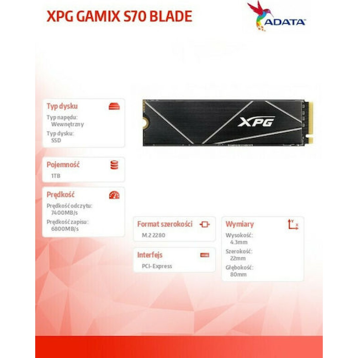 Adata XPG Gammix S70 Blade SSD 1TB M.2 NVMe