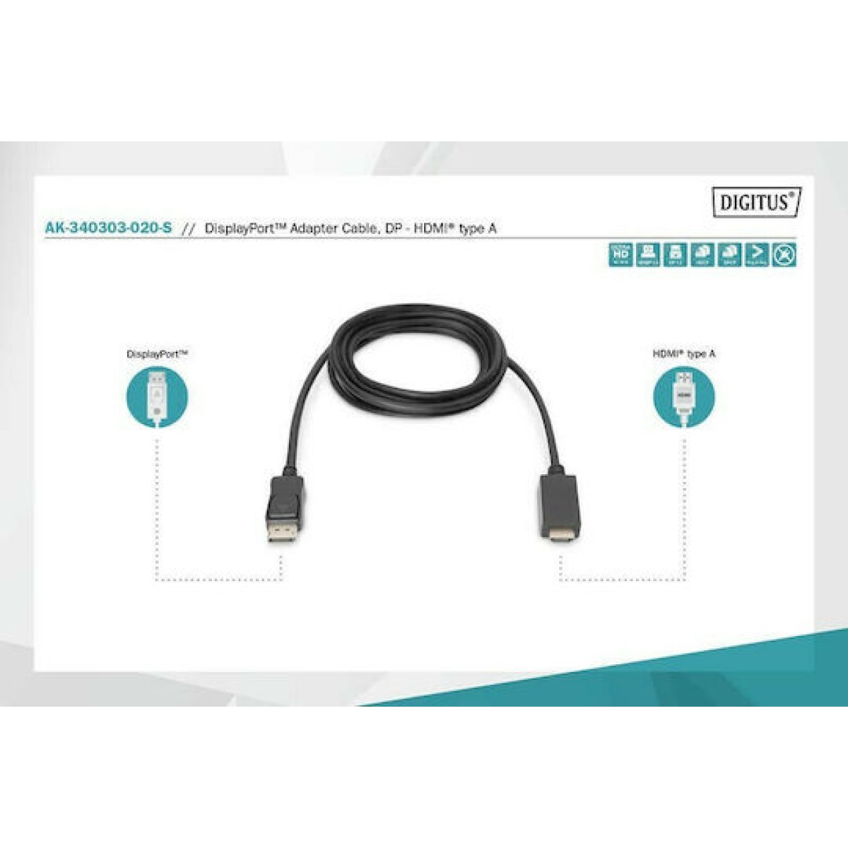 Digitus Cable DisplayPort male - HDMI male 2m (AK-340303-020-S)