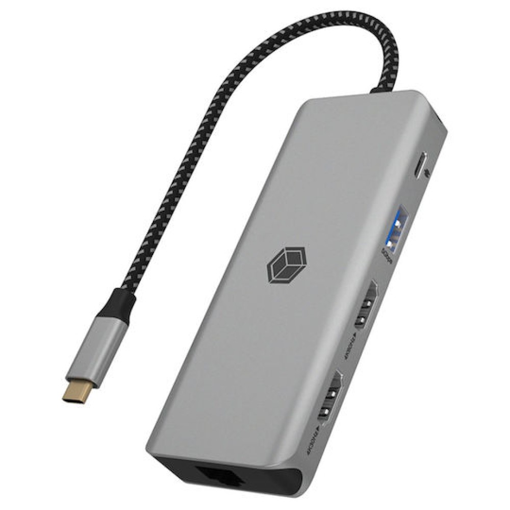 Icy Box IB-DK4012-CPD USB-C Docking Station με HDMI 4K PD Ethernet και σύνδεση 2 Οθονών Γκρι
